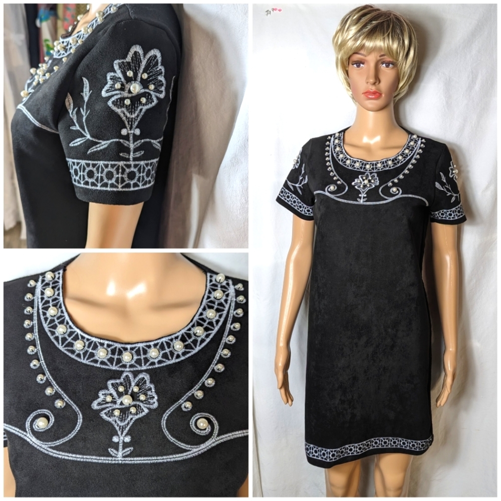 Bognar Blu designer black dress pearl & embroidery suadelike front knit back S/M